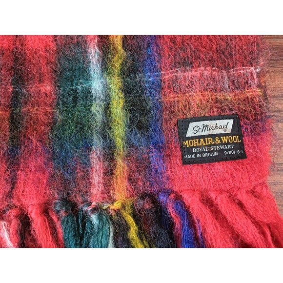 St.Michael Red Green Long Hair Tartan Plaid Mohair Wool Britain Scarf Wrap Lux - Picture 1 of 6